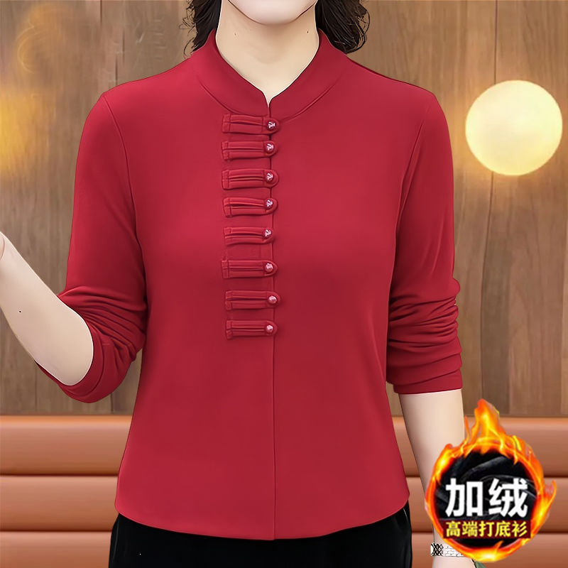 高檔雙面德絨保暖女打底衫秋冬新款寬鬆立領復古盤扣媽媽長袖上衣