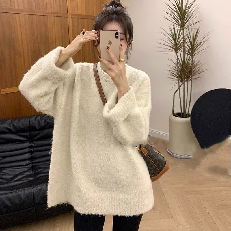 法式復古純色毛衣女2023秋冬季新款寬鬆外穿慵懶風顆粒針織衫上衣