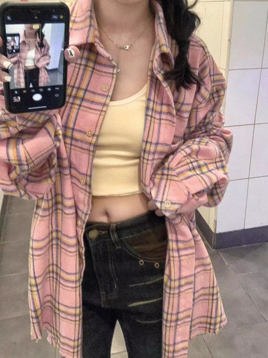 秋冬款韓系甜美粉色格子襯衫女小眾設計感寬鬆休閒長袖襯衣外套潮