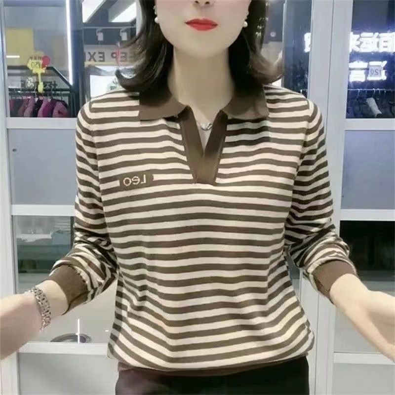 撿漏~專櫃撤回媽媽大碼長袖上衣秋季時尚條紋顯瘦減齡打底衫