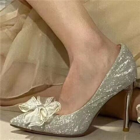 法式水晶2024銀色蝴蝶結新款高跟鞋水鑽尖頭百搭單鞋名媛婚鞋新娘