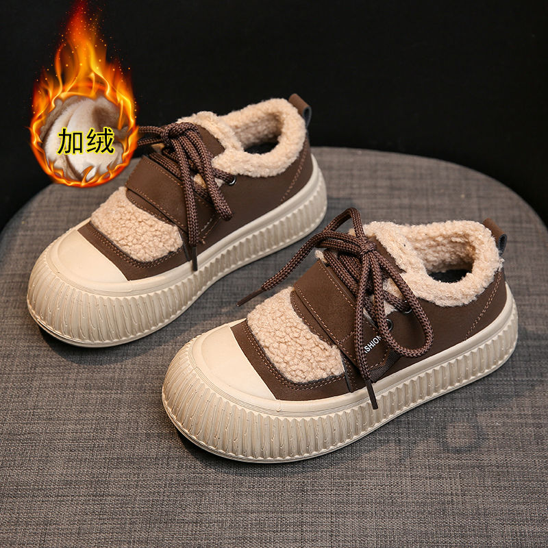 2023 winter new Korean style Maillard style plus velvet casual low-cut women's shoes furry shoes warm thick-soled shoes women's trend