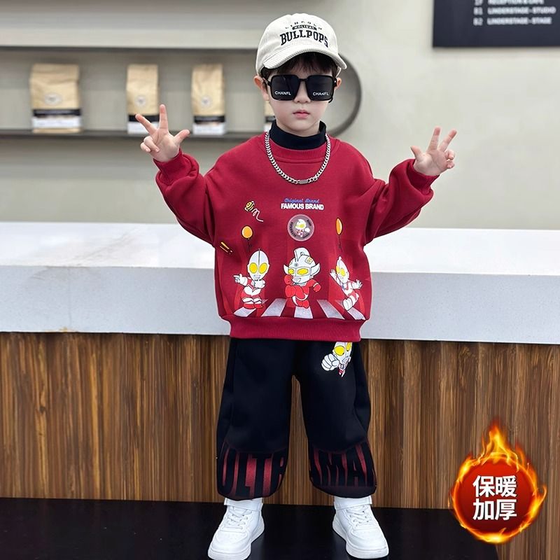 奧特曼衣服男童加絨套裝2023新款洋氣兒童寶寶衛衣秋冬裝加厚童裝