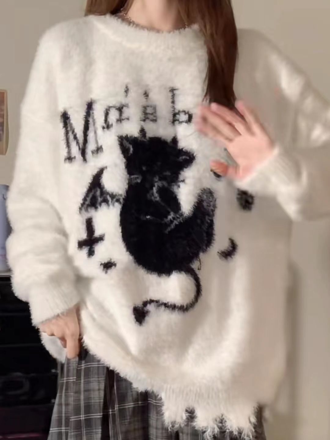 趣味貓咪韓系軟糯圓領毛衣女秋冬季新款毛茸茸慵懶寬鬆針織衫上衣