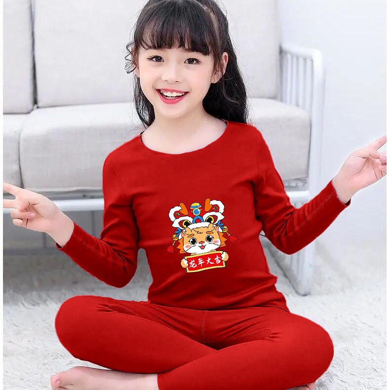 2024 Year of the Dragon Derong Children's Red Zodiac Year Underwear Set Girls Warm Autumn and Winter Autumn Clothes Autumn Pants Bottoming Shirt