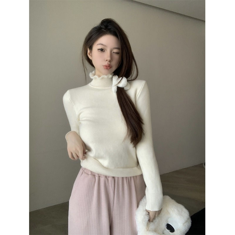 純色木耳邊半高領一體絨毛衣女裝冬季加絨保暖針織打底衫修身上衣