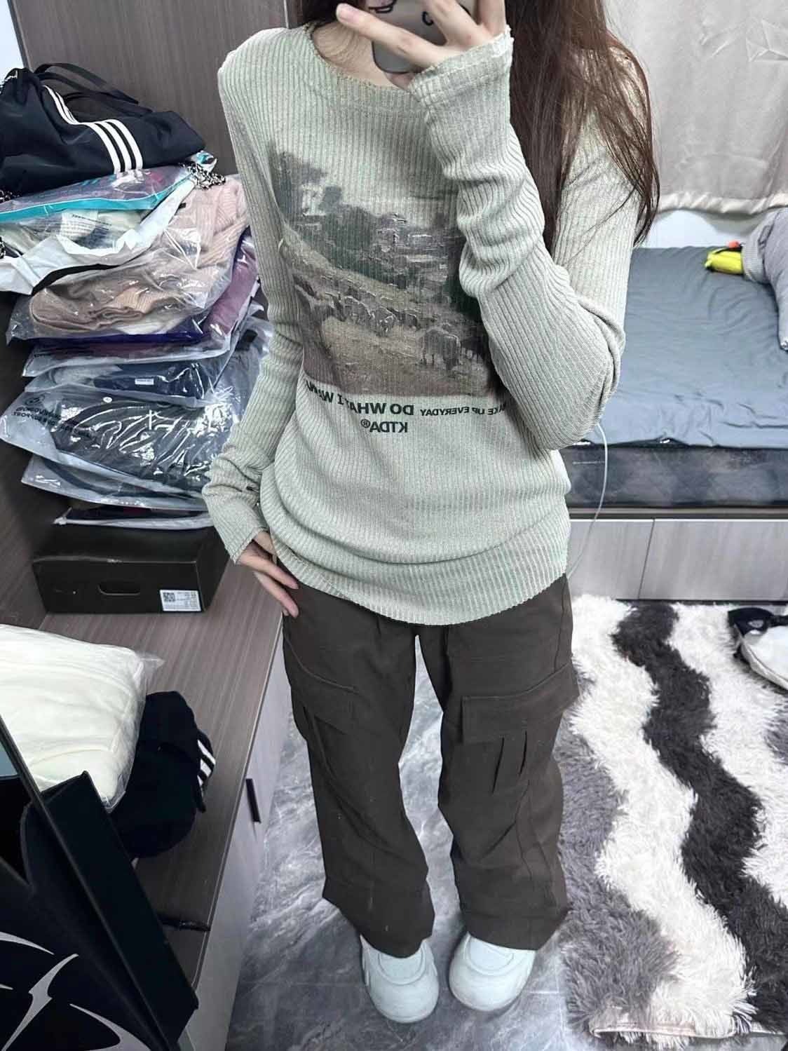 美式印花復古辣妹長袖上衣女秋冬新款修身顯瘦設計感內搭打底衫潮