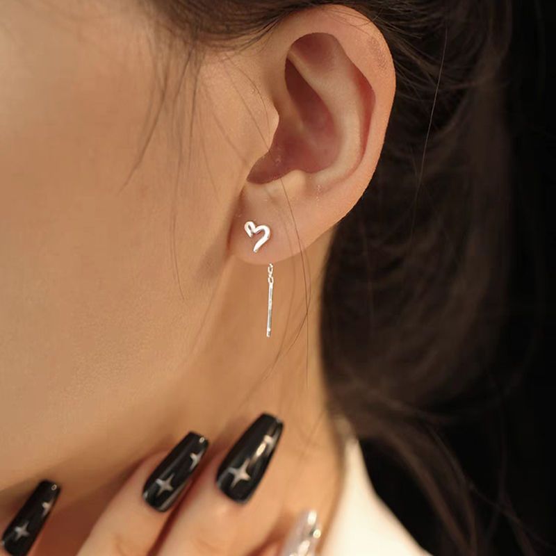 S925银镂空星星短款耳线女小众设计耳环耳链爱心耳钉洗睡免摘耳饰