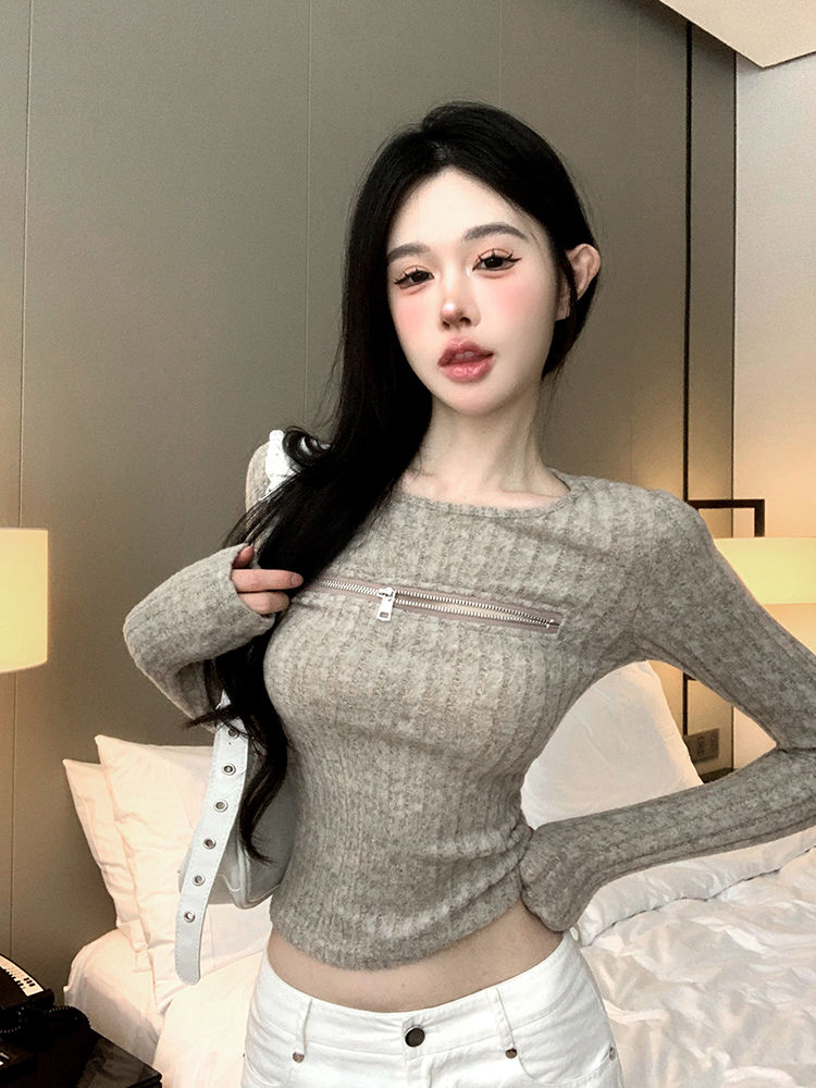 純欲甜辣妹y2k顯胸上衣女秋冬美拉德針織打底衫內搭韓版拉鏈外穿
