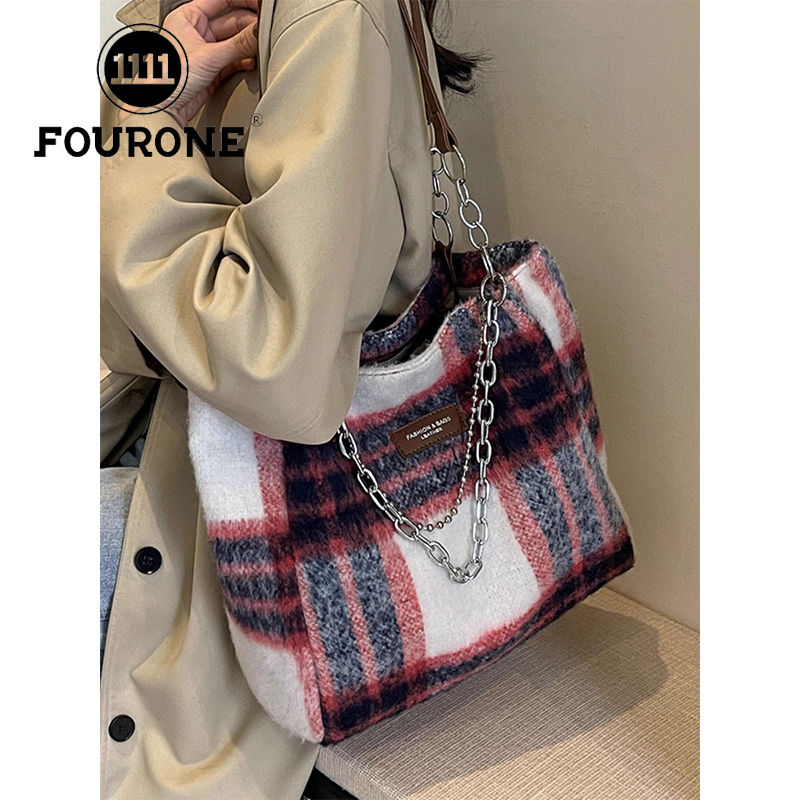 Plaid Woolen Bag Women's New Fashion Large Capacity Shoulder Underarm Bag Casual Commuting Tote Bag