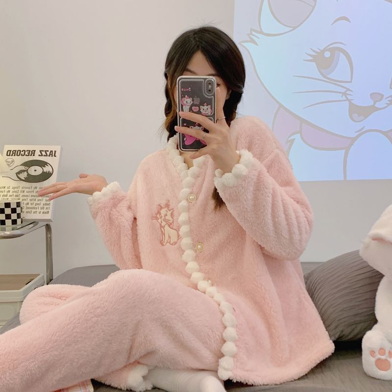 粉色瑪莉貓睡衣女秋冬季珊瑚絨加絨加厚套裝少女可愛甜美家居服