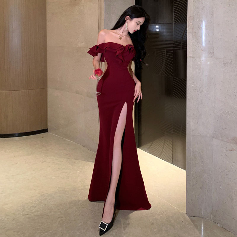 Hotel banquet pure desire high slit dress nightclub temperament one-shoulder tube top dress hip-covering evening dress