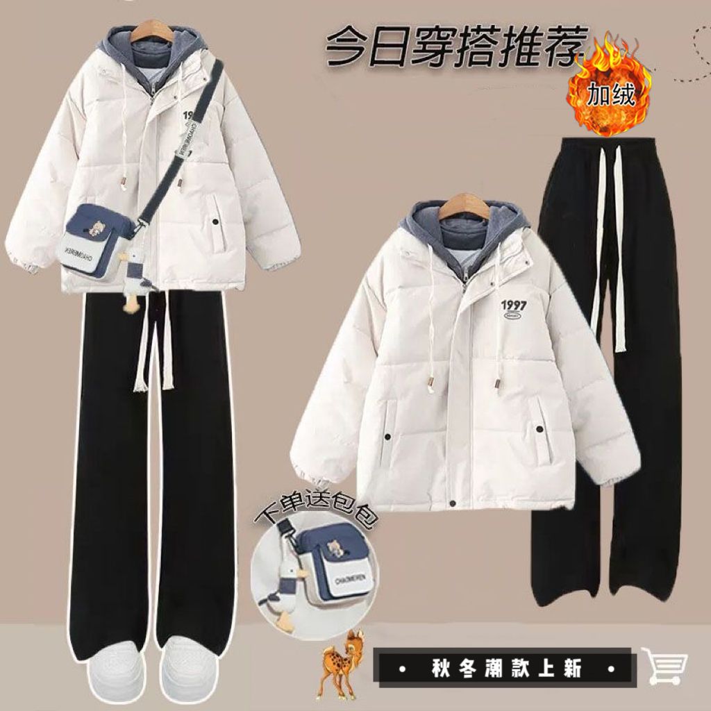 送包包 冬季套裝女學生加厚假兩件棉服外套+加絨闊腿褲校園兩件套