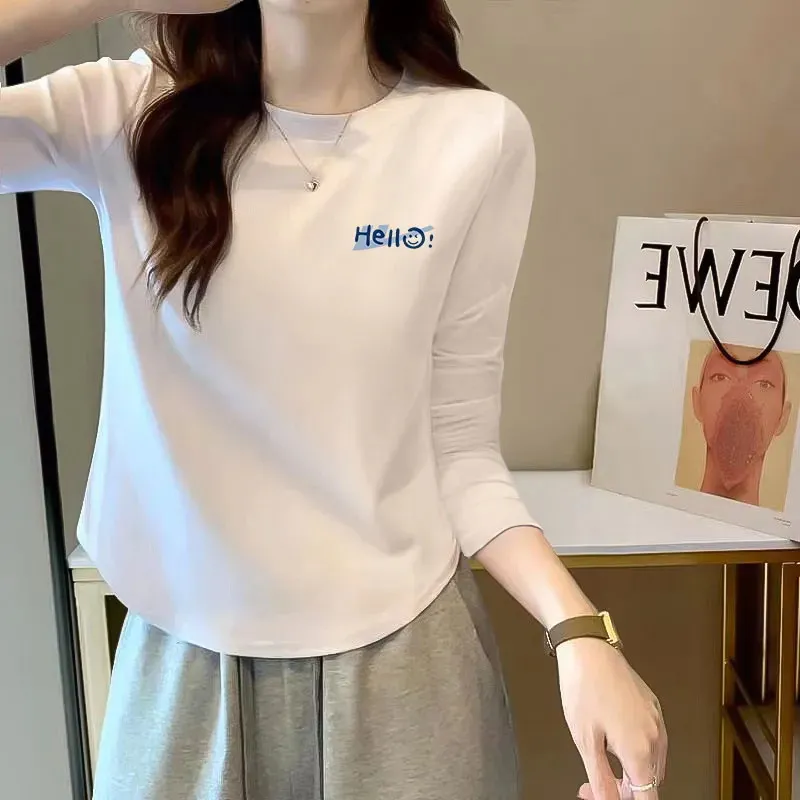 純棉長袖t恤女2023年秋冬新款百搭設計感不規則圓領印花短款上衣