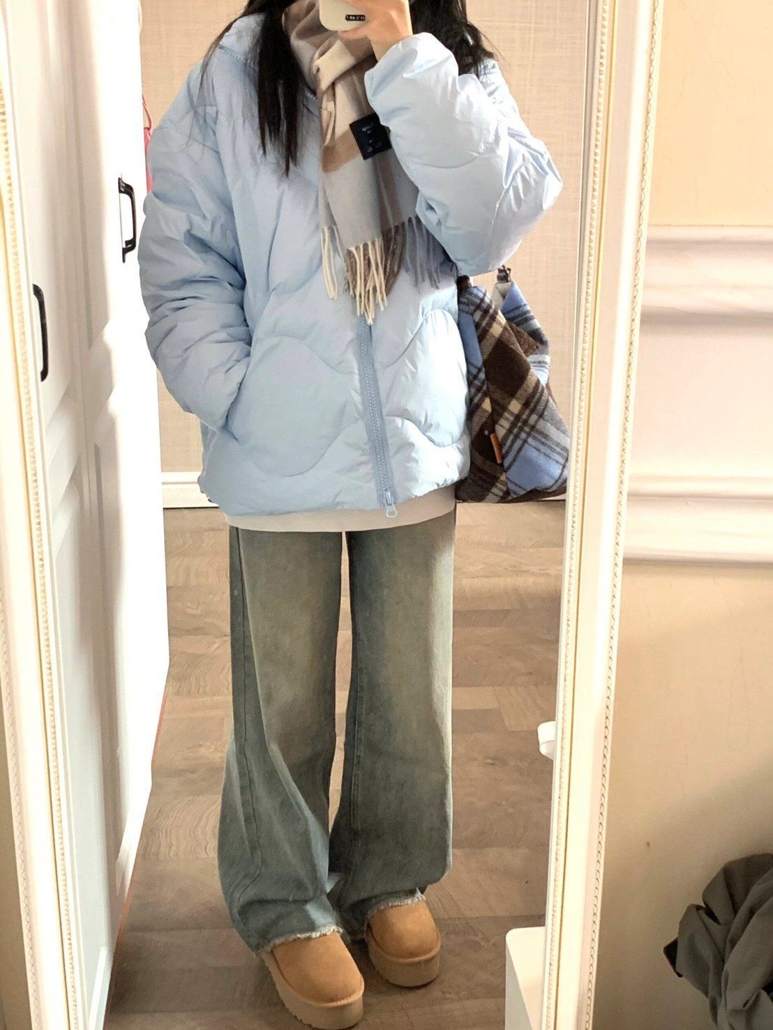 復古懷舊洗水直筒牛仔褲女秋冬黃泥色寬鬆顯瘦設計感毛邊拖地褲子