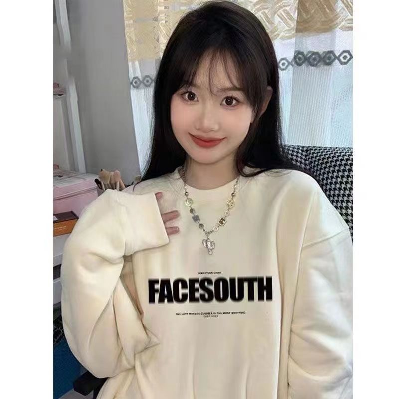 美式復古ins小眾字母印花圓領衛衣女春秋冬新款韓版寬鬆百搭上衣