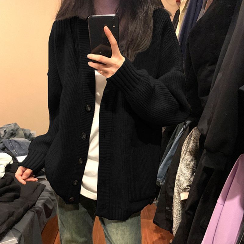 Black V-neck Cardigan Sweater Women's New 2023 Autumn and Winter American Retro Loose Heavy Knitted Jacket Tops ins