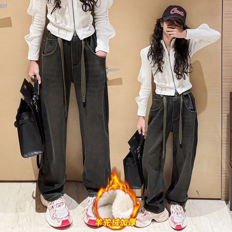 女童褲子秋冬加絨加厚網紅炸街冬款長褲大童闊腿褲冬天兒童牛仔褲
