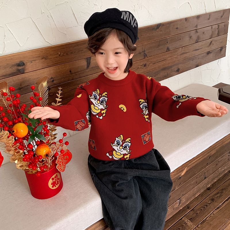 周岁礼服男宝宝汉服男童唐装中国风儿童红色毛衣男孩喜庆过年衣服