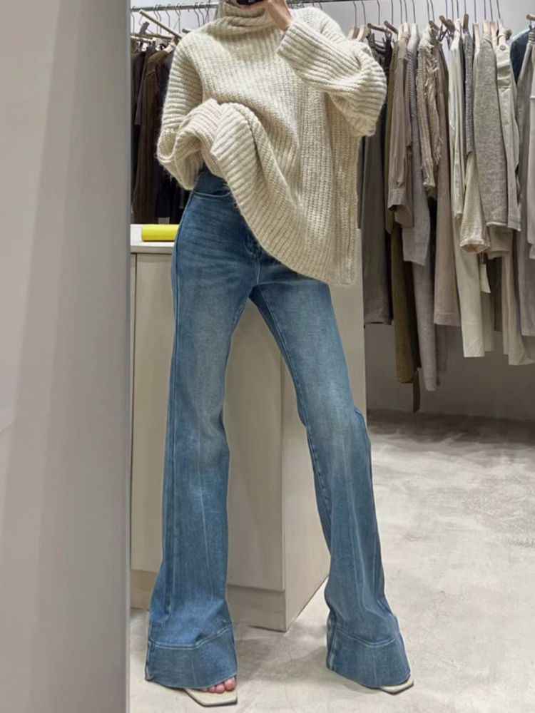 美式復古微喇叭牛仔褲女秋冬季新款高腰顯瘦百搭闊腿拖地馬蹄褲子