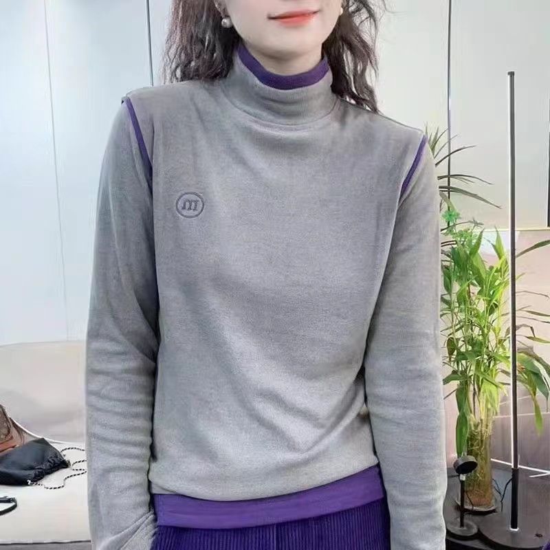 高領德絨打底衫女2023秋冬新款加厚拼色韓版百搭顯瘦保暖內搭上衣