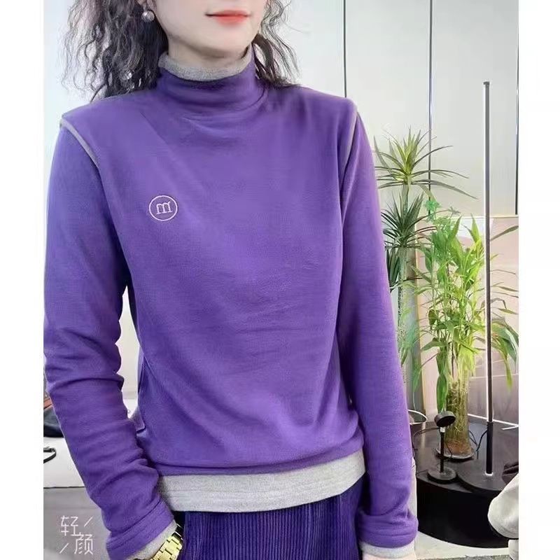 德絨秋冬刺繡雙面長袖高領打底休閒新款加絨加厚寬鬆保暖衛衣上衣