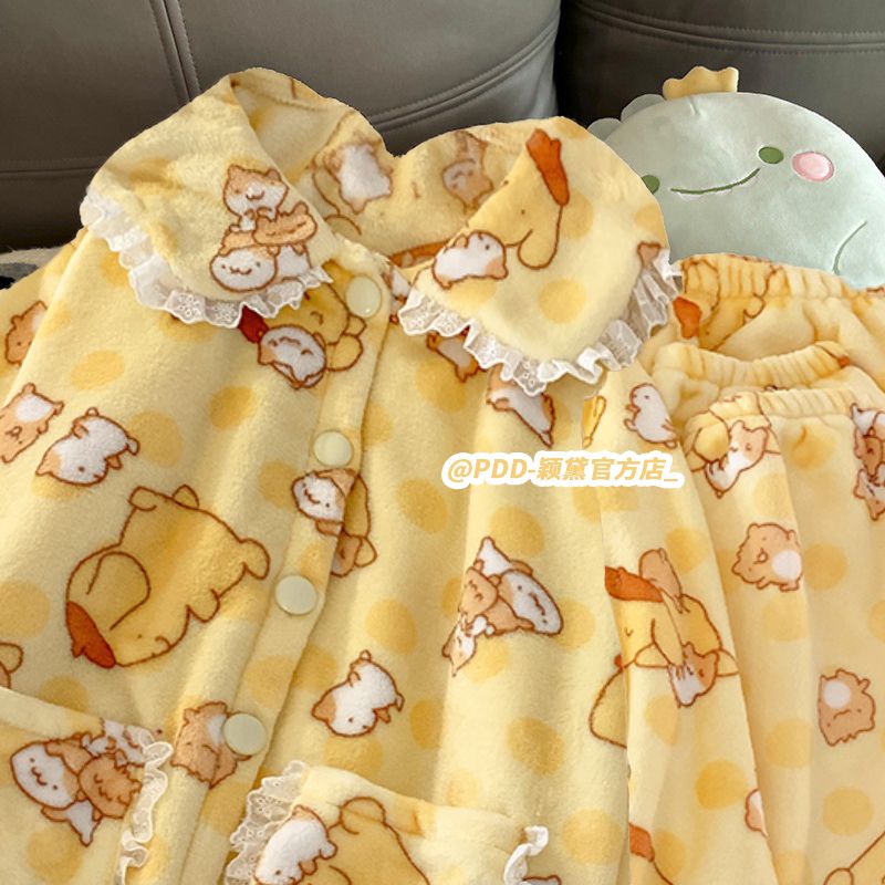 可愛娃娃領卡通布丁狗珊瑚絨睡衣女冬季加厚毛絨法蘭絨家居服外穿