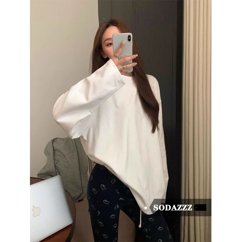 SODAZZZ慵懶風白色打底衫基礎款長袖內搭T恤女秋冬寬鬆體恤上衣潮