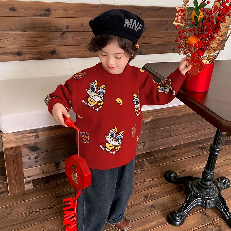 周岁礼服男宝宝汉服男童唐装中国风儿童红色毛衣男孩喜庆过年衣服