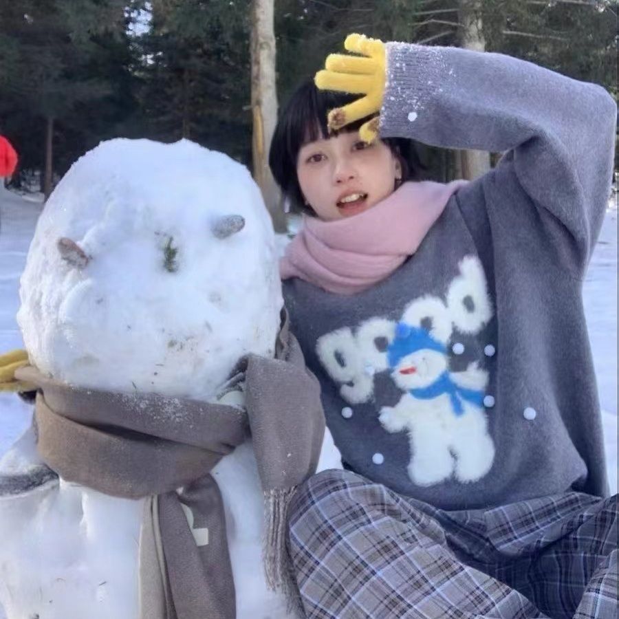 高級灰軟糯聖誕good雪人圓領毛衣女秋冬韓系寬鬆慵懶風針織衫上衣