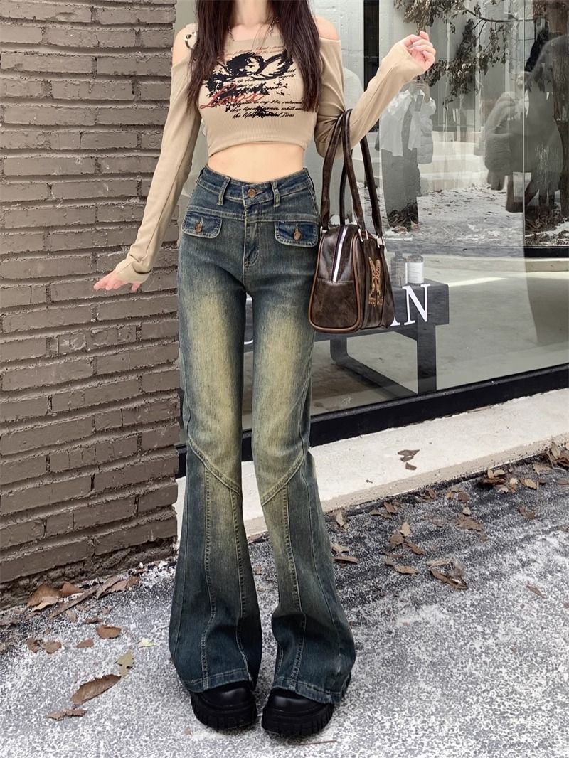 復古高腰微喇牛仔褲女2023爆款春秋件新款小個子彈力顯瘦喇叭褲子