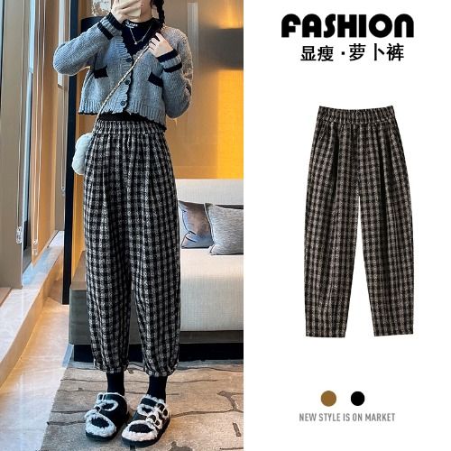 Velvet and thickened plaid harem pants for women, autumn and winter woolen leg-tie dad trousers, small casual woolen carrot pants