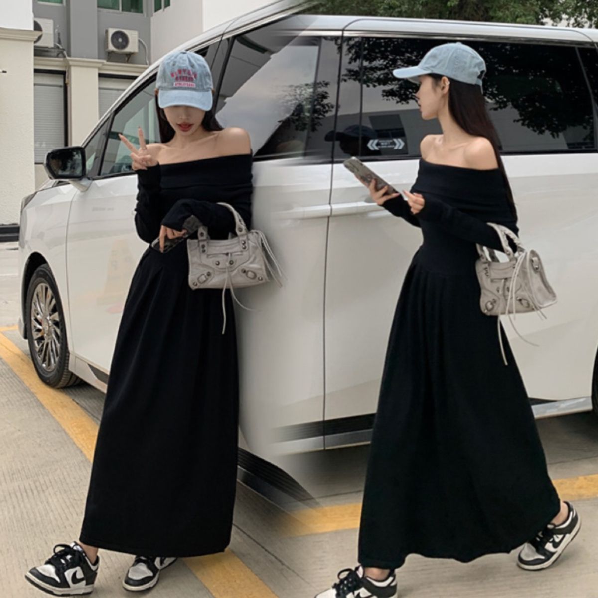 法式辣妹一字露肩連衣裙女2023秋冬新款小眾高級感收腰顯瘦長裙子