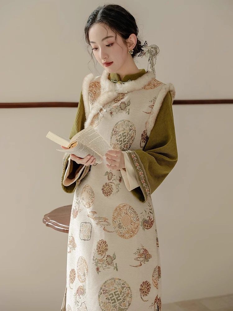 秋冬季新中式國風套裝加絨加厚旗袍馬甲女裝絕美氣質連衣裙兩件套