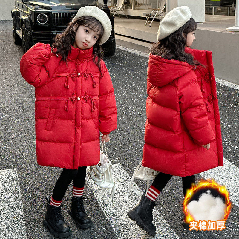 女童冬装红色中国结棉衣女孩洋气中大儿童装棉服冬季加厚棉袄外套