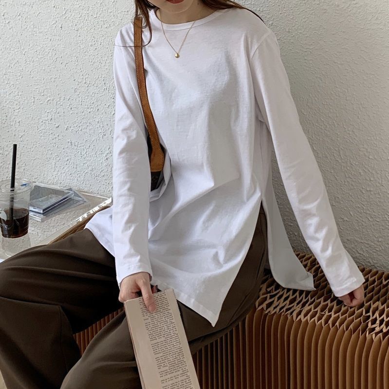 100% pure cotton 2023 autumn new white long-sleeved T-shirt female students Korean style loose bottoming shirt top ins trend