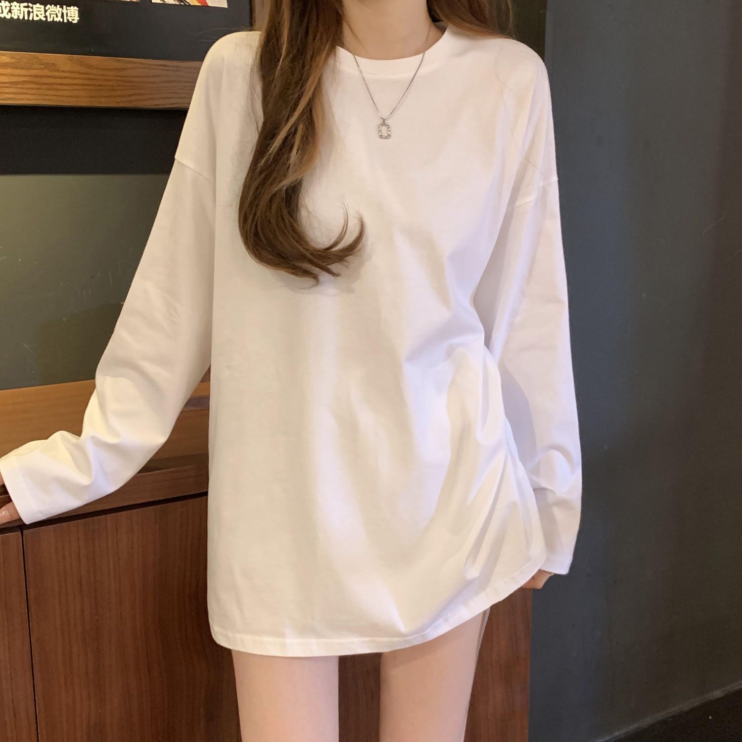 100% pure cotton white bottoming shirt for women spring and autumn new long-sleeved Korean style loose and stylish round neck T-shirt top