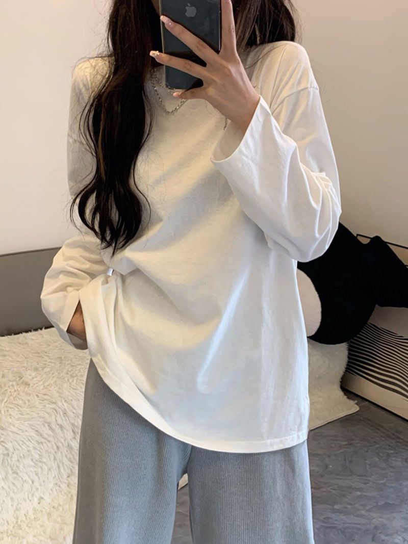 100% cotton white long-sleeved t-shirt for women 2023 autumn new student Korean style loose solid color bottoming shirt top