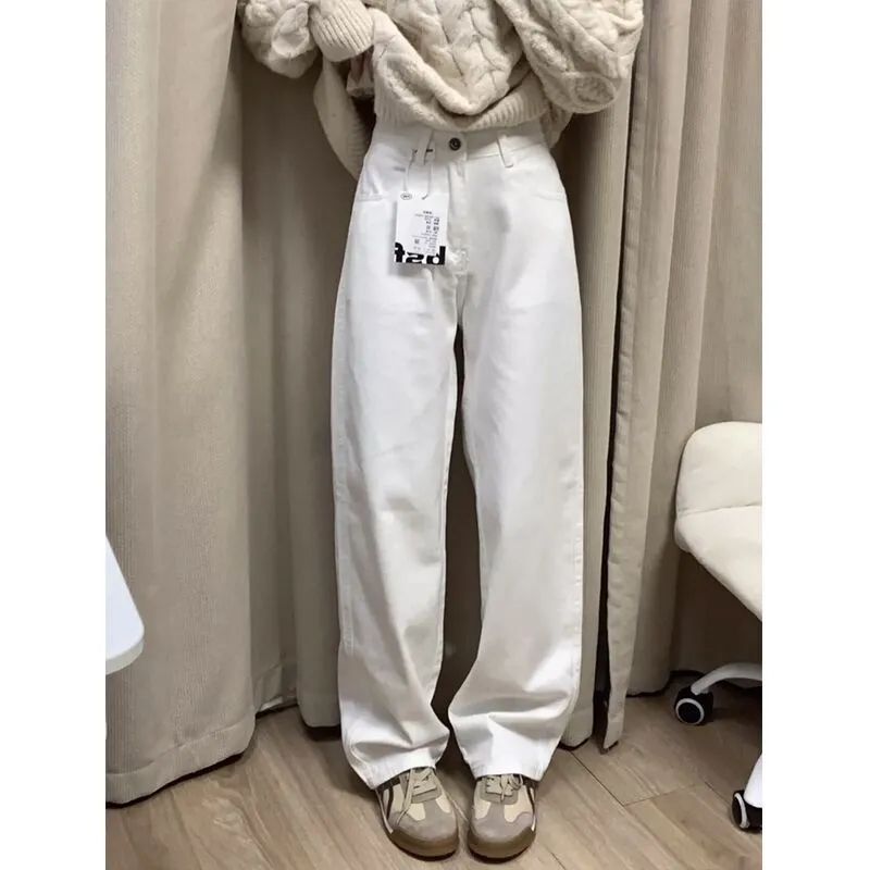 美式復古白色闊腿牛仔褲女秋冬ins新款高腰顯瘦直筒拖地長褲子潮
