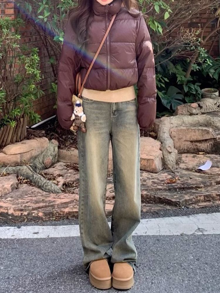 黃泥染直筒牛仔褲女冬季新款高腰寬鬆顯瘦百搭窄版闊腿老爹褲子潮