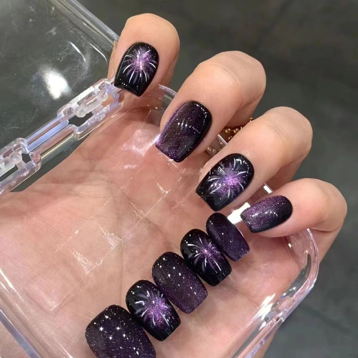 紫色煙花手工穿戴甲新款煙花貓眼美甲指甲貼片秋冬手工定製穿戴甲