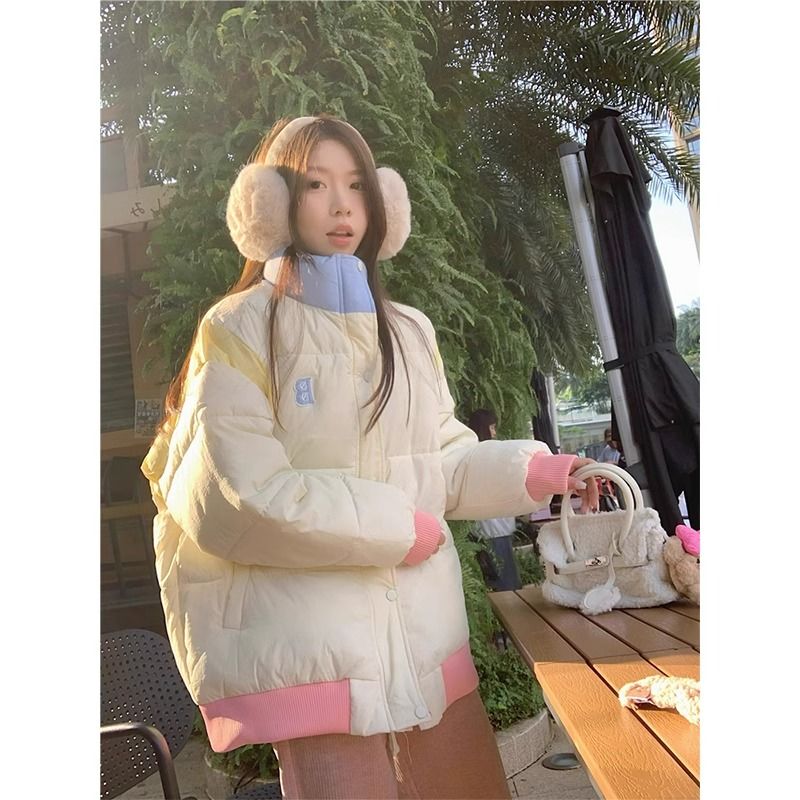 Muszoom美式氣質高級時尚甜美風立領棉服外套秋冬季加厚拼接棉衣