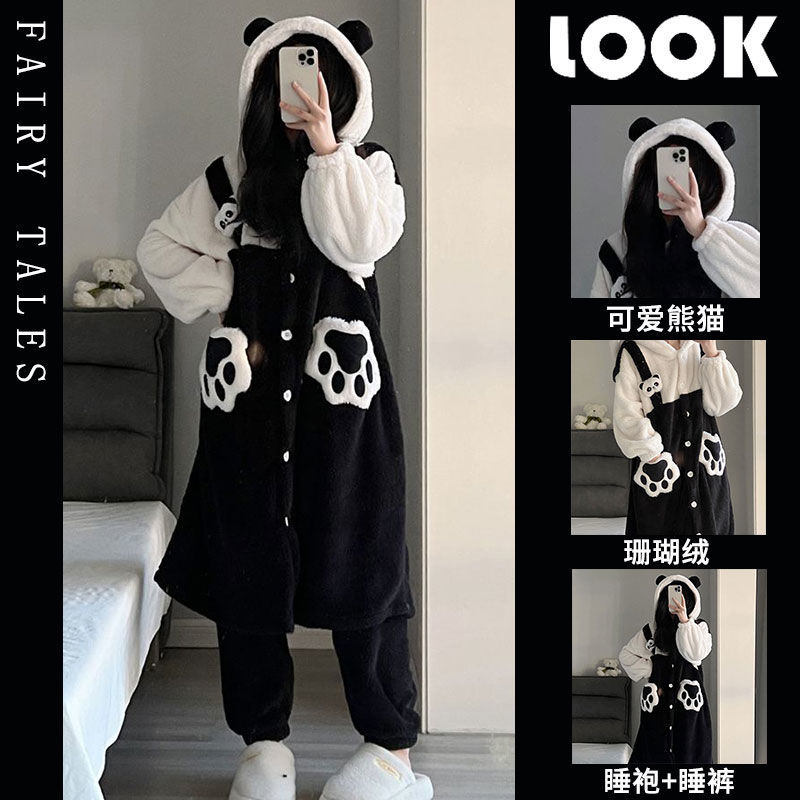 可愛熊貓珊瑚絨睡衣女秋冬加絨加厚保暖法蘭絨連帽睡袍家居服套裝