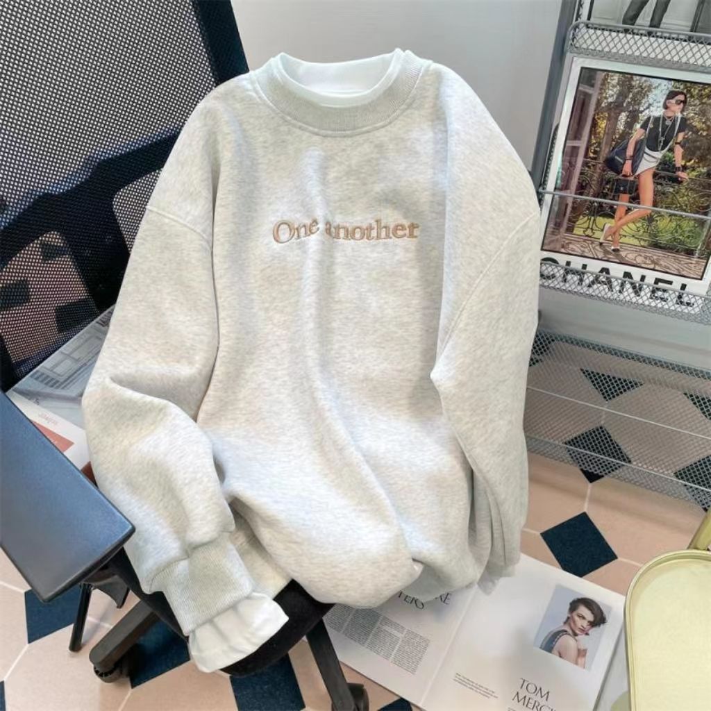 潮流ins刺繡字母假兩件圓領衛衣女秋冬寬鬆韓版加絨加厚套頭上衣