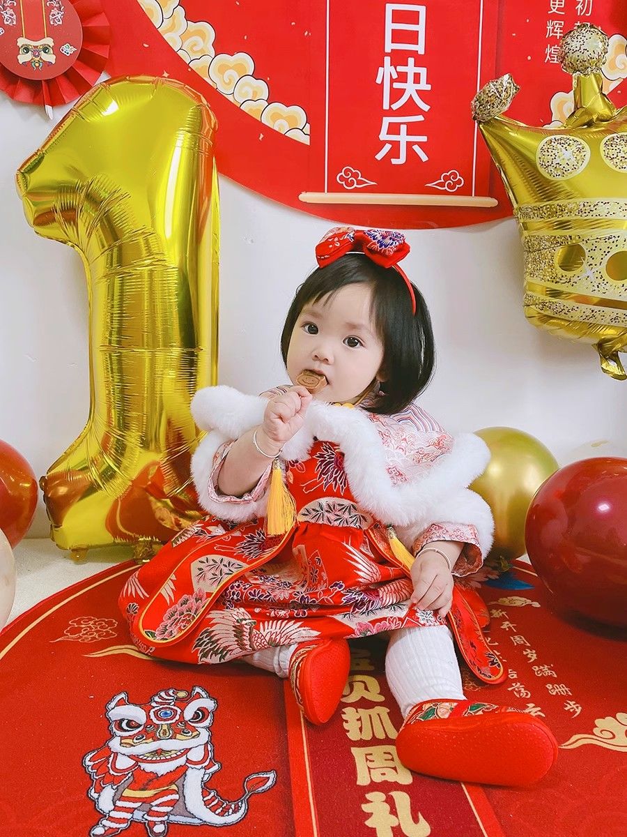 女童拜年服連衣裙冬裝兒童唐裝加絨寶寶周歲禮服喜慶過年新年漢服