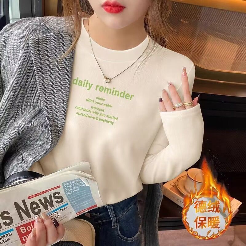 德絨圓領洋氣打底衫女秋冬內搭加厚保暖上衣奶油色長袖t恤女寬鬆