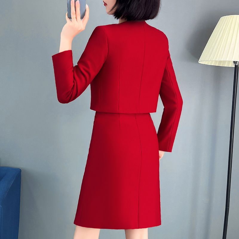 红色职业西装连衣裙套装女秋冬气质小个子修身短款西服裙子两件套