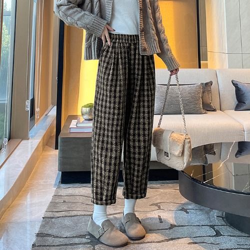 Velvet and thickened plaid harem pants for women, autumn and winter woolen leg-tie dad trousers, small casual woolen carrot pants
