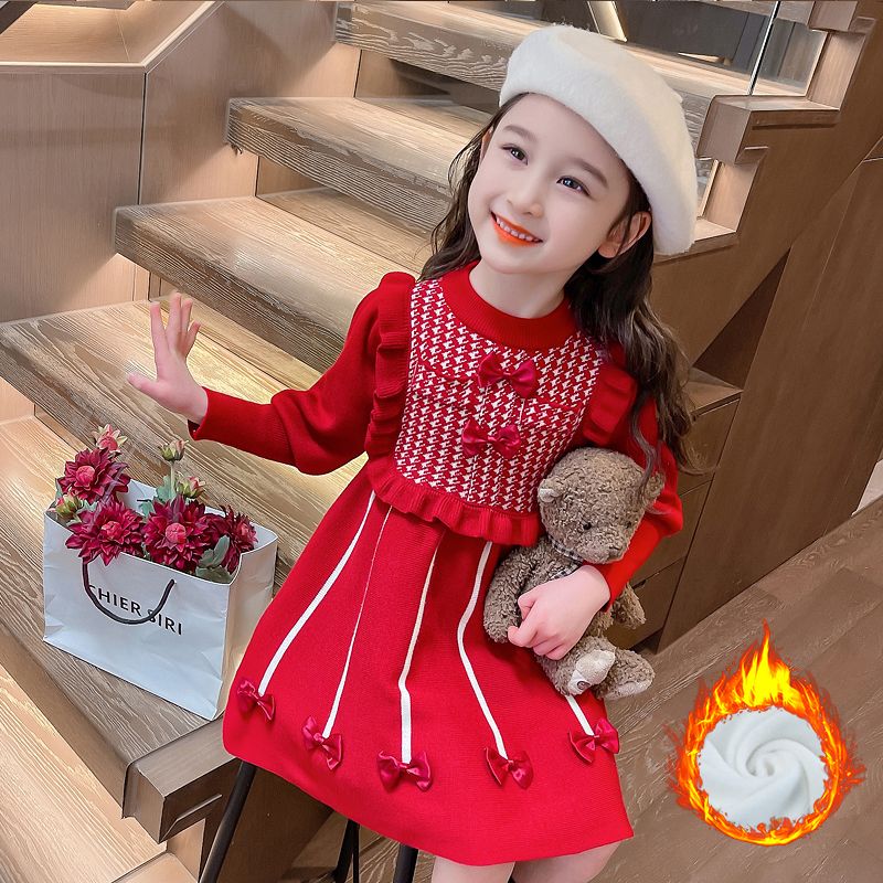 Girls Dress Autumn and Winter 2023 New Style Children's Velvet Skirt Baby Princess Dress Sweater Dress Winter