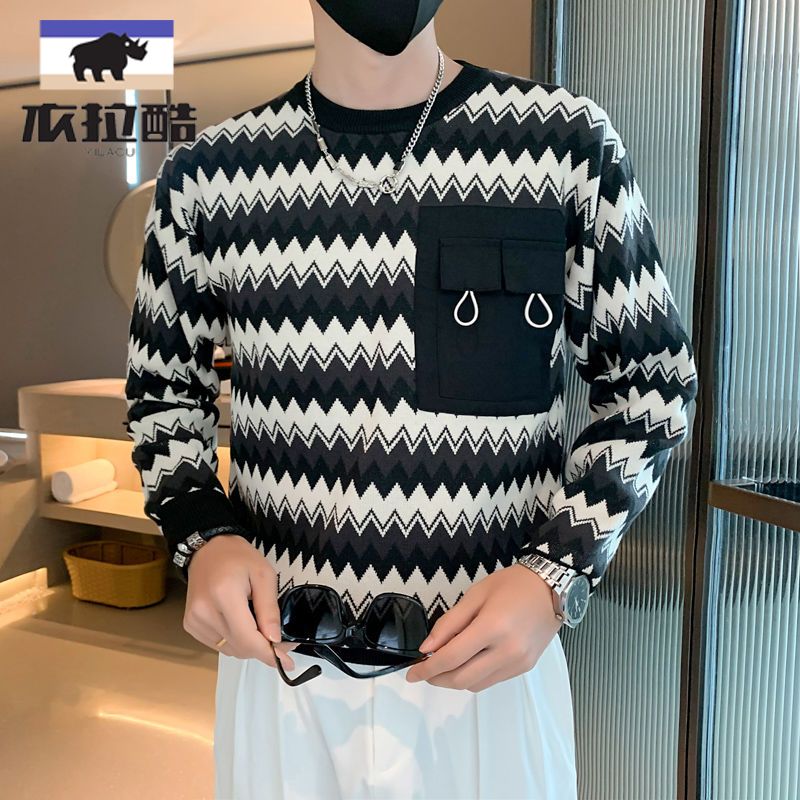 學生男秋冬男百搭波浪紋針織衫寬鬆休閒圓領毛衣套頭外套日系上衣